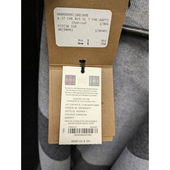 Burberry Charlotte Reversible Solid to Check Wool Cape Charcoal 140*140 - Picture 3 of 8